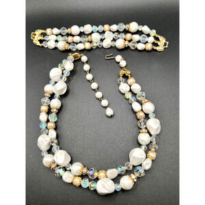 Vtg Deauville Multi-Strand Gold Rhinestone Pearl Beaded Necklace & Bracelet Set